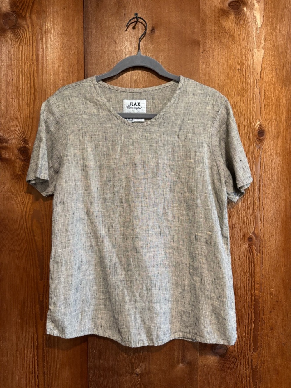 FLAX by Jeanne Engelhart 100% Linen Short Sleeve Tee Heathered Beige Black S